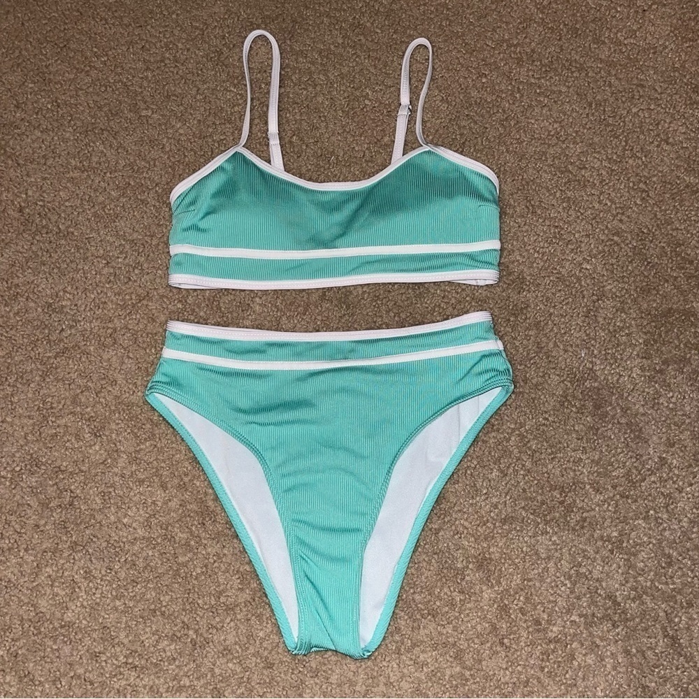 Shein green white trim two piece Bikini, size small
